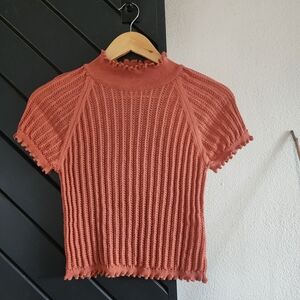 Anthropologie Ribbed Mock Neck Sweater Top Small Coral Terracotta Lettuce Hem
